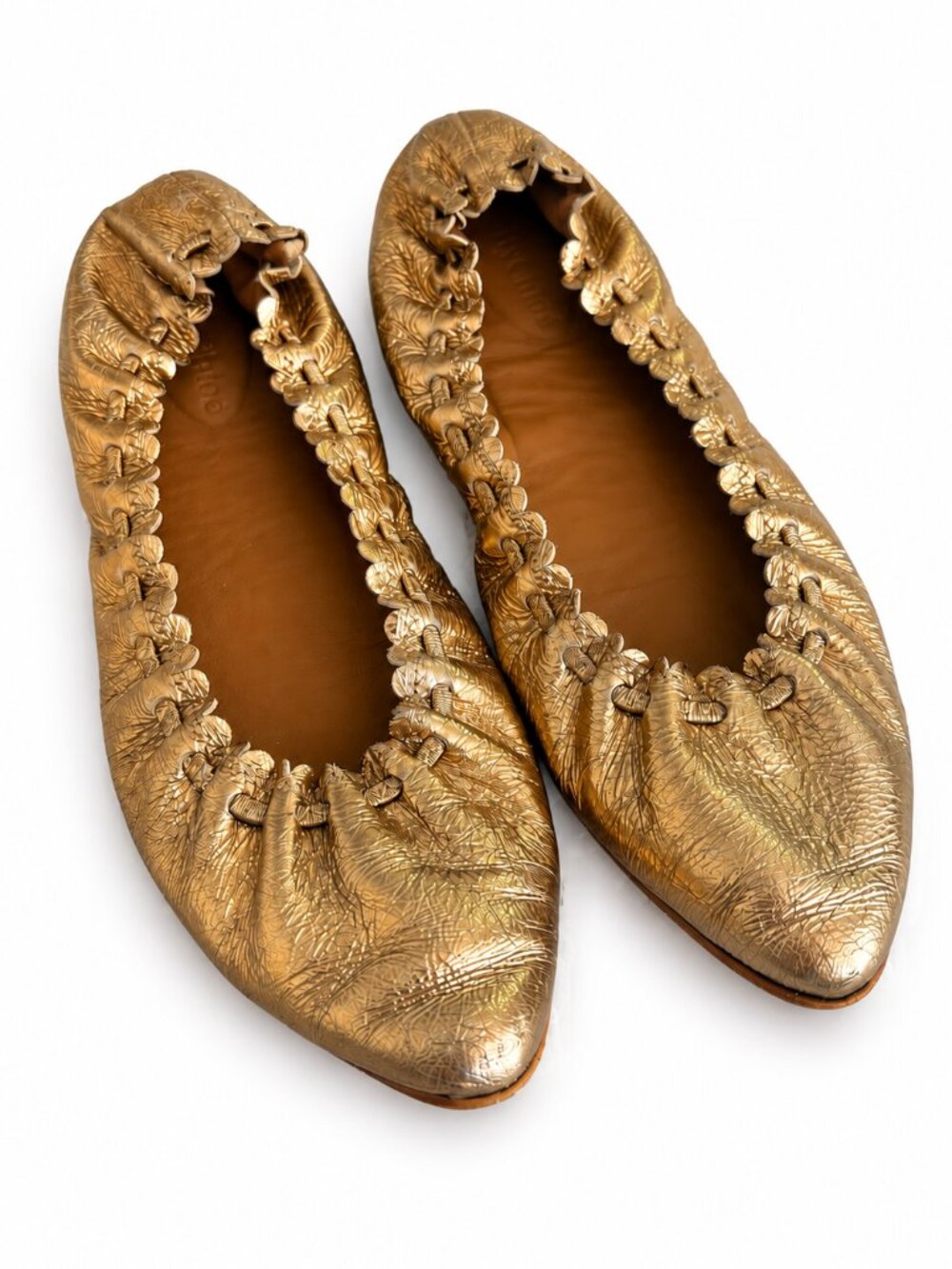 See By Chloe Metallic Gold Ruched Leather Flats